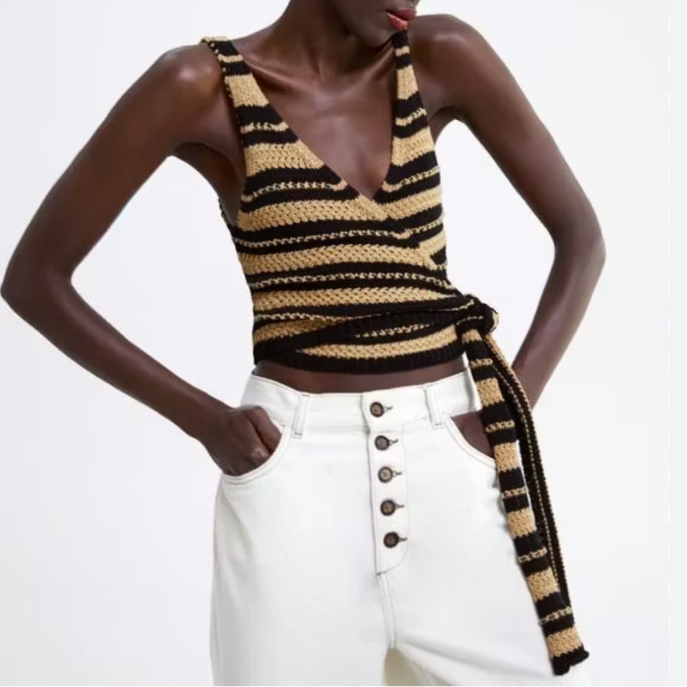 Zara | Striped Wrap Knit Tank Top in Black & Tan